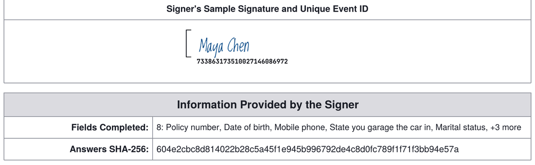The bottom of the signing certificate: the signer's sample signature and unique event ID, then Information Provided by the Signer, with 8 fields completed listed by label and an Answers SHA-256 fingerprint