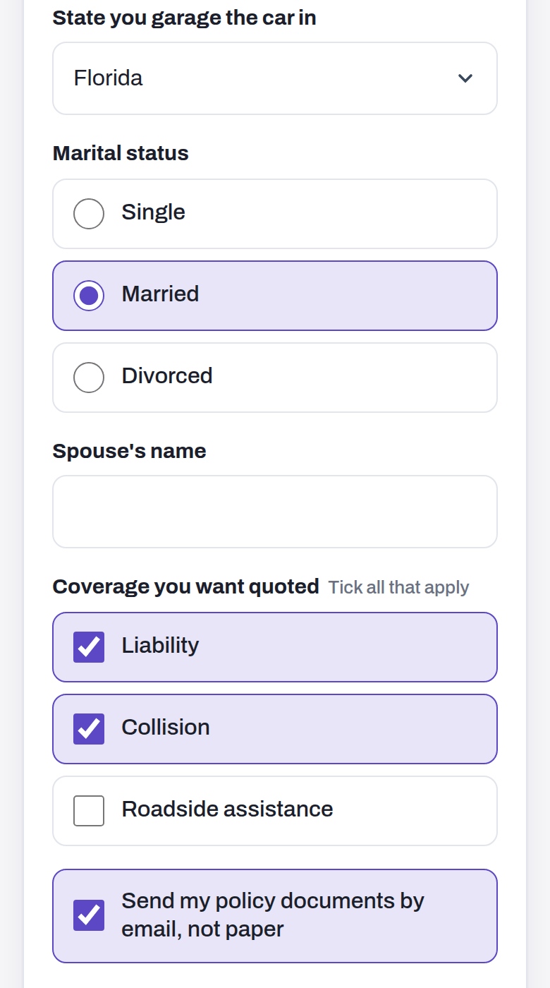 The signer's phone: Marital status with Married chosen, a Spouse's name question that appeared because of it, Coverage you want quoted with Liability and Collision ticked, and a ticked box to send policy documents by email