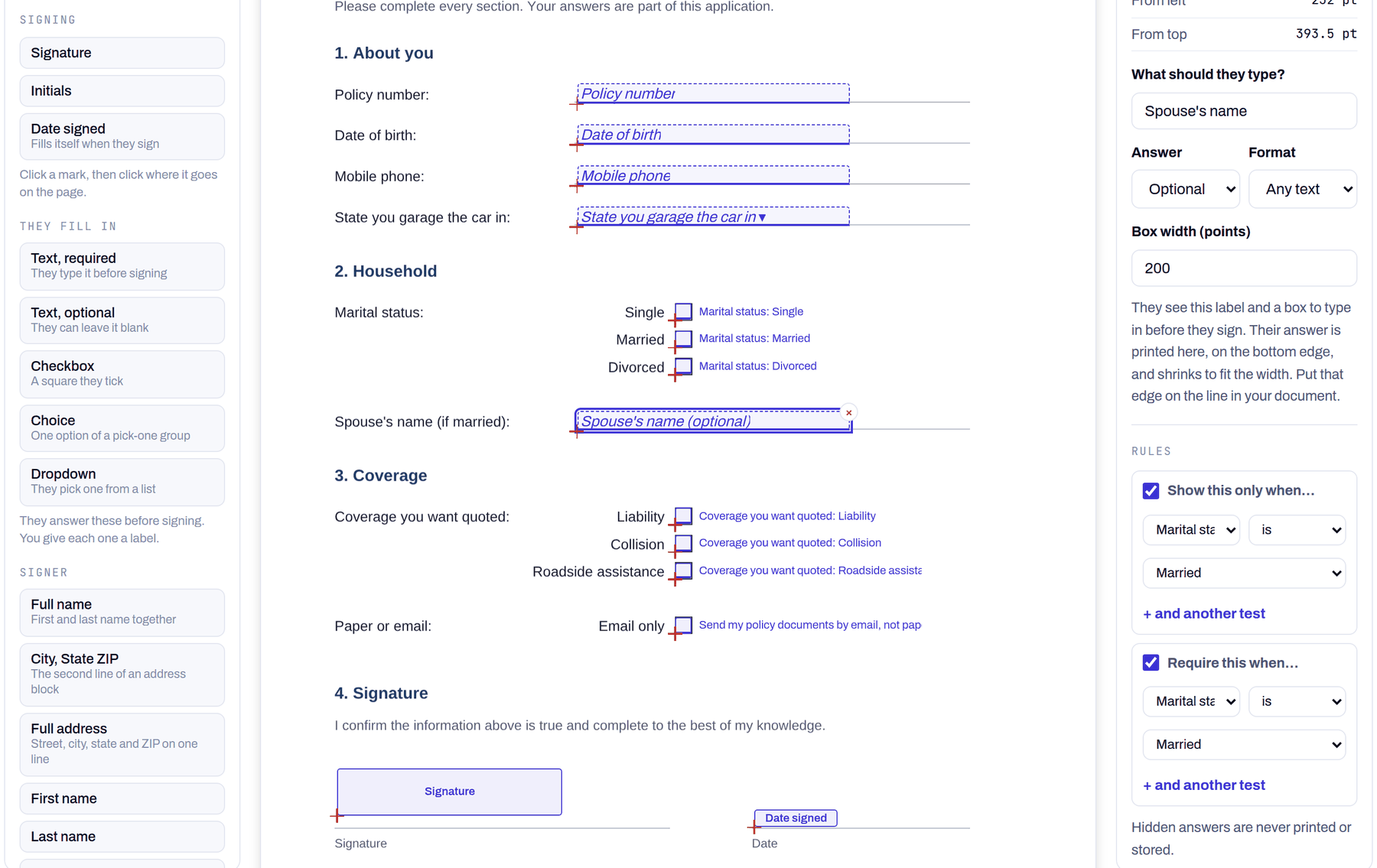 The Siglio document studio with an auto policy application open. Text, dropdown, choice and checkbox boxes are placed on the page, and the Spouse's name box is selected with the rules Show this only when Marital status is Married and Require this when Marital status is Married