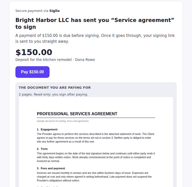 The signer's payment page: Bright Harbor LLC has sent you Service agreement to sign, a payment of $150.00 is due before signing, a Pay $150.00 button, and the document shown read-only underneath