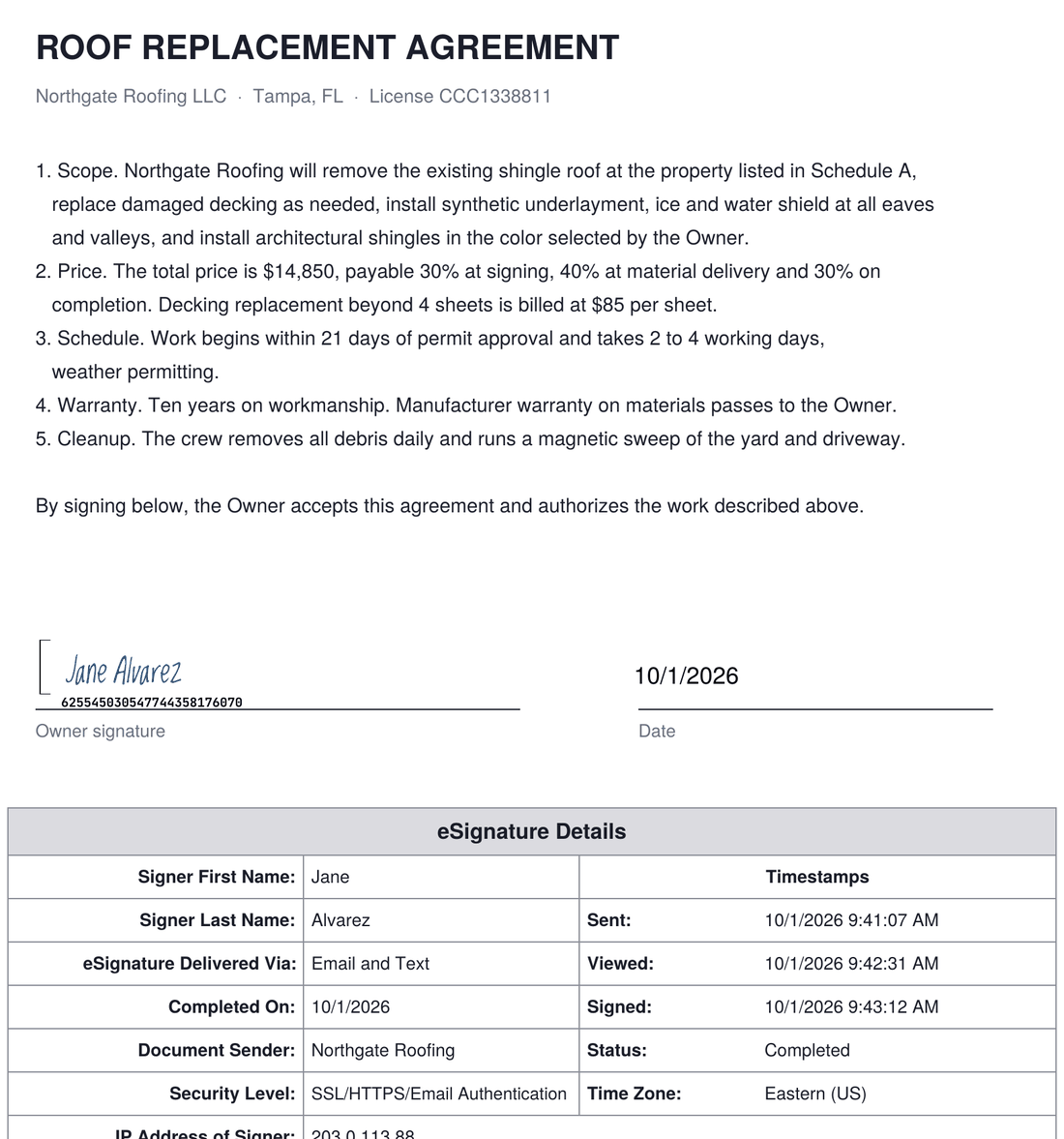 A signed roof replacement agreement from Northgate Roofing with Jane Alvarez's signature and the date, followed by the eSignature Details block of the signing certificate: delivered via email and text, sent 9:41, viewed 9:42, signed 9:43, status completed, signer IP address