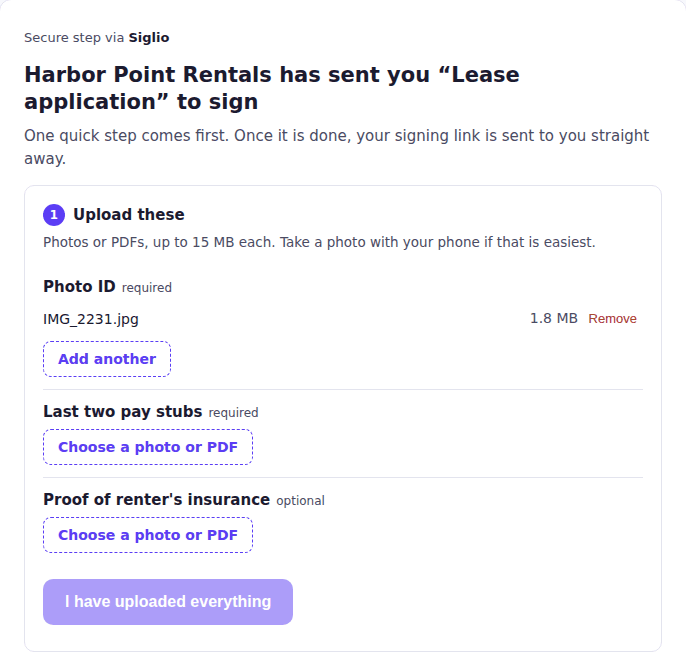 The signer's upload page: Harbor Point Rentals has sent you Lease application to sign, upload a photo ID, the last two pay stubs and optional proof of renter's insurance, then I have uploaded everything
