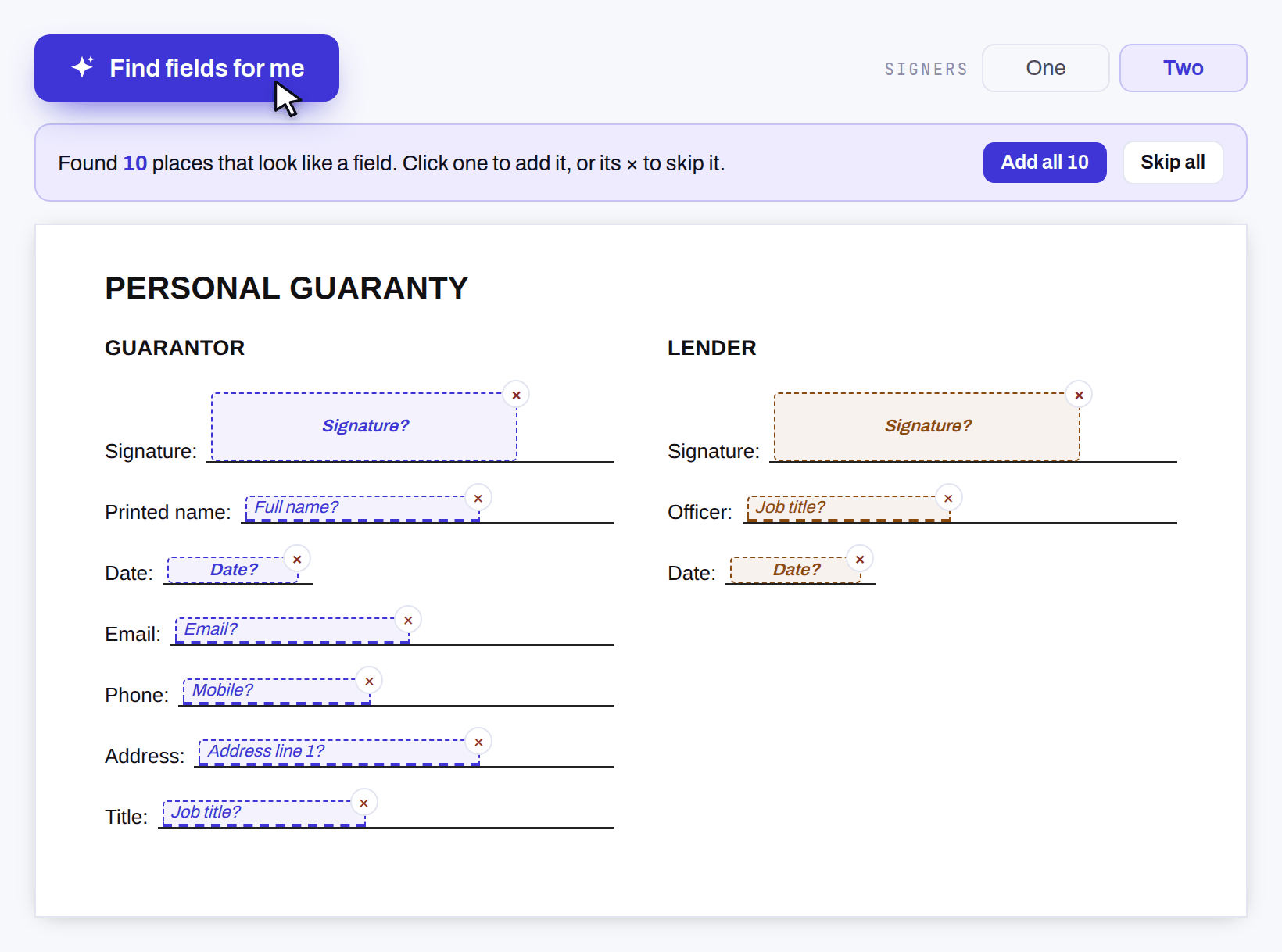 The Siglio document studio after Find fields for me: a personal guaranty with ten suggested fields marked as dashed boxes, signature, name, date, email, phone, address and title for the guarantor, and signature, title and date for the lender